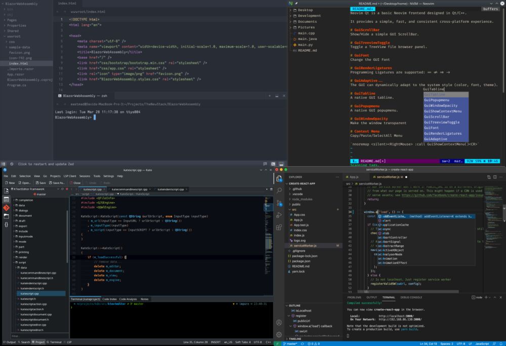 Modern text and code editor window layouts.  Clockwise from top left -- Zed, Neovim, Obsidian, VSCode.
